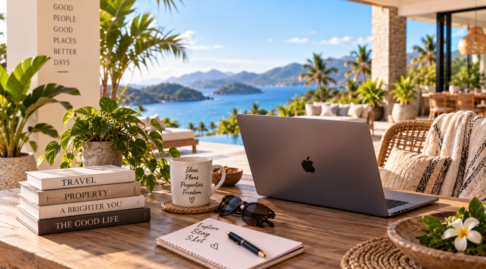 Terrace workspace with laptop and sea view